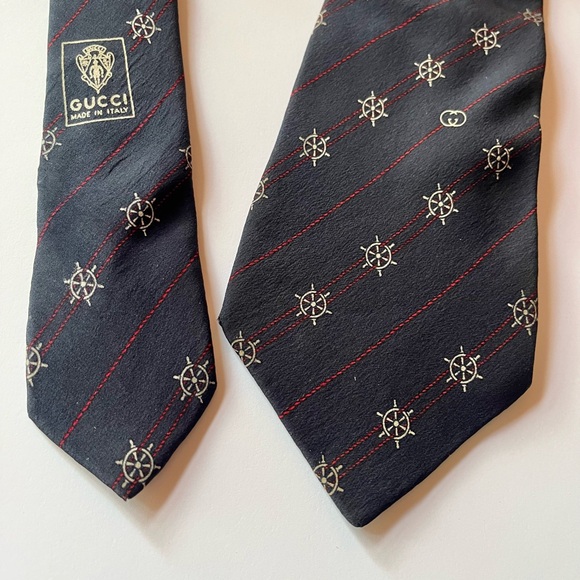 Gucci Vintage 70's Navy Blue Silk Nautical Theme Silk Tie